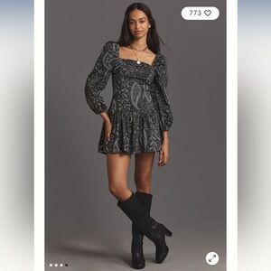 Maeve Black and Gray Paisley Long Sleeve Dress